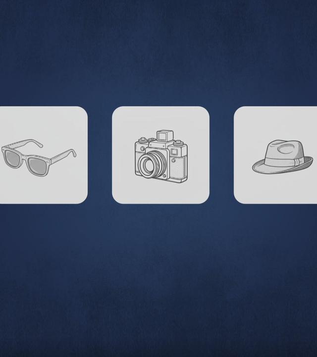 Fünf verschiedene Symbole als Beispiel für knifflige Kombinationsaufgaben: Taschenlampe, Brille, Fotoapparat, Hut und Funkgeräte