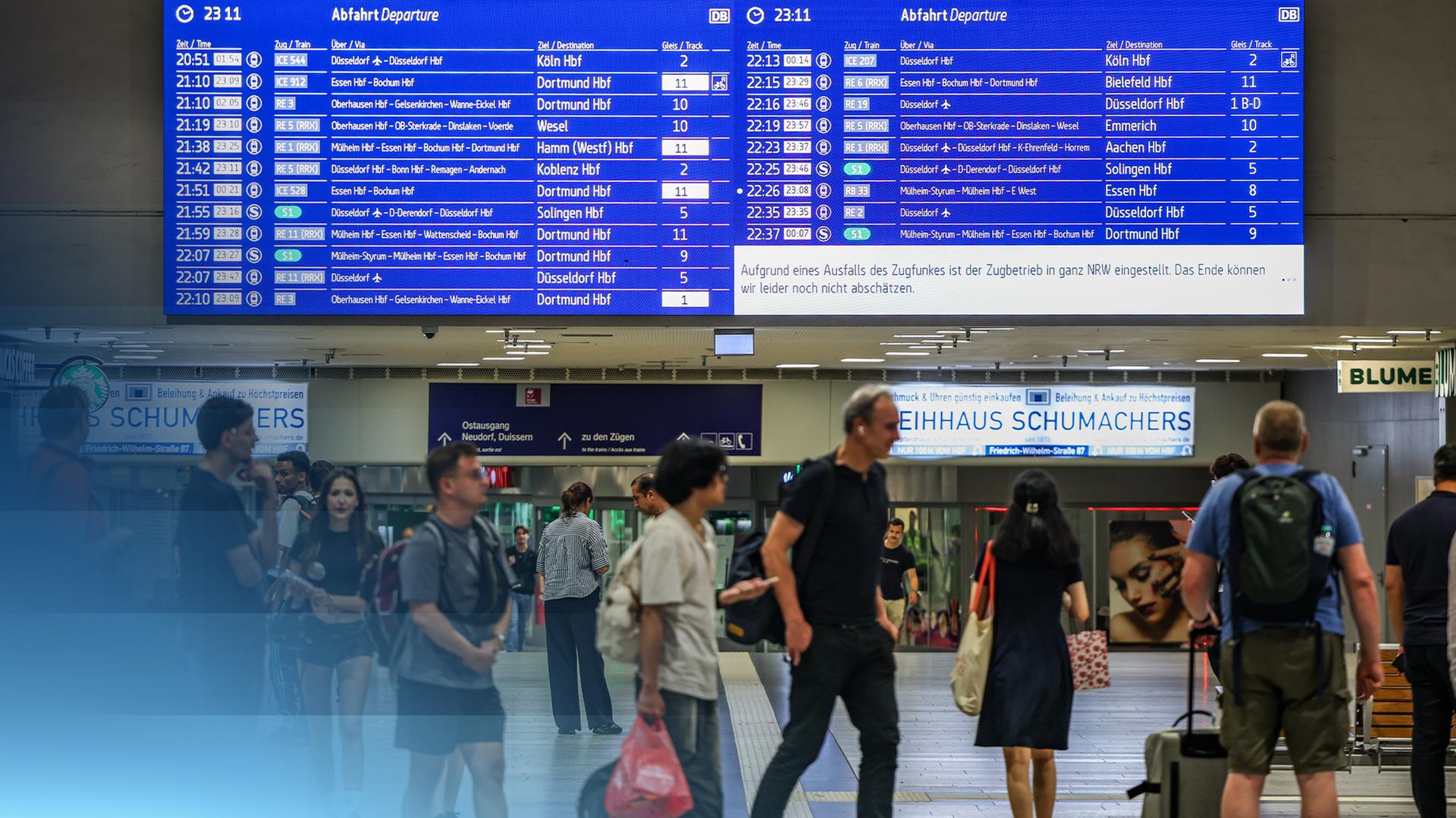 Ein Gleis voller Menschen, die aufgrund der nächtlichen Funkstörung der Deutschen Bahn gestrandet sind