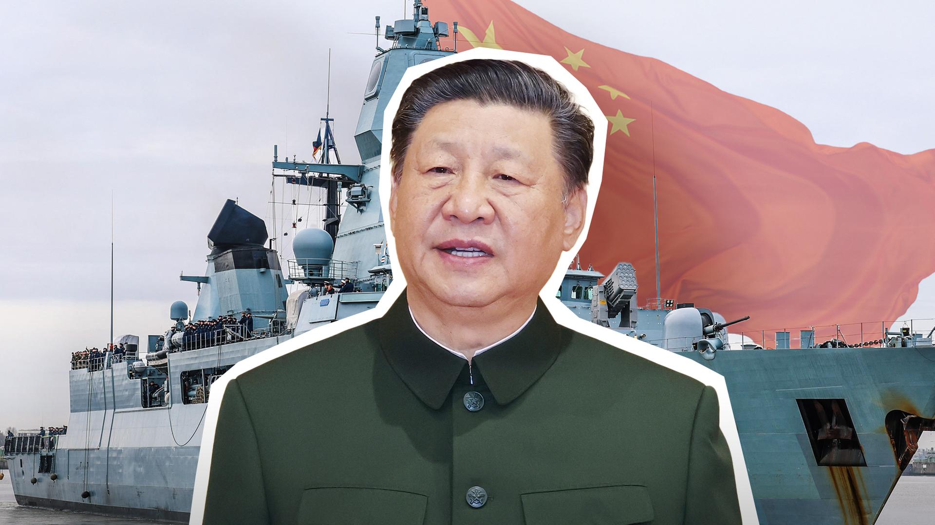 Militärschiff, chinesische Flagge und chinesisches Staatsoberhaupt, Xi Jinping