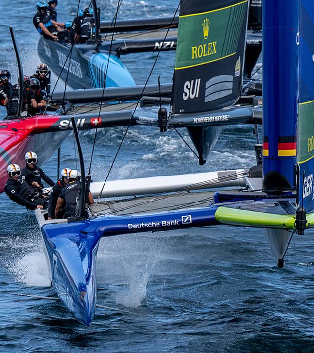 SailGP-„Jagdszene“ mit den Team aus Deutschland, der Schweiz und Neuseeland