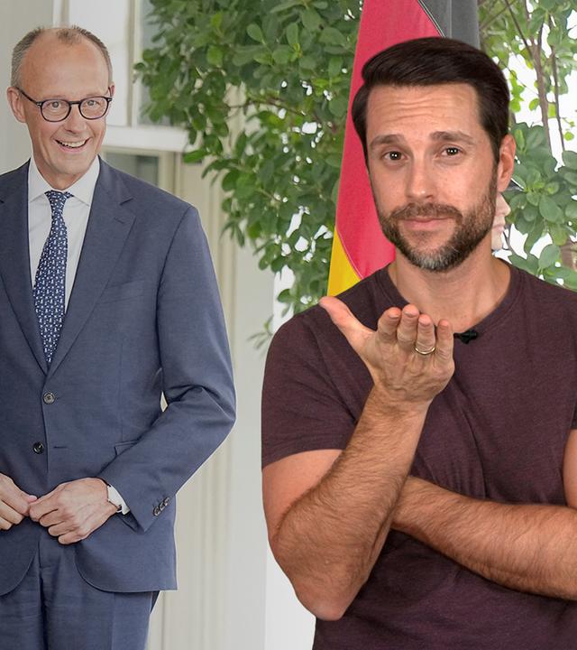 Rechts im Bild sieht man den Host Mirko Drotschmann, links zu sehen ist US-Präsident Donald Trump mit Bundeskanzler Friedrich Merz 