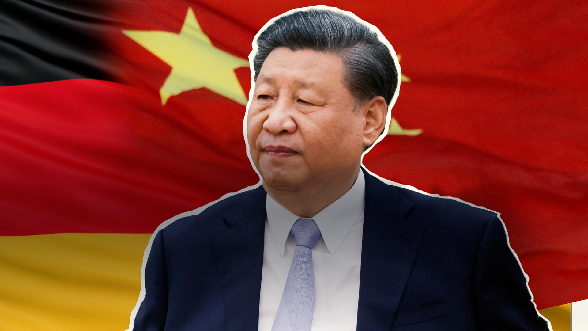 Xi Jinping vor Chinesischer und Deutscher Flagge