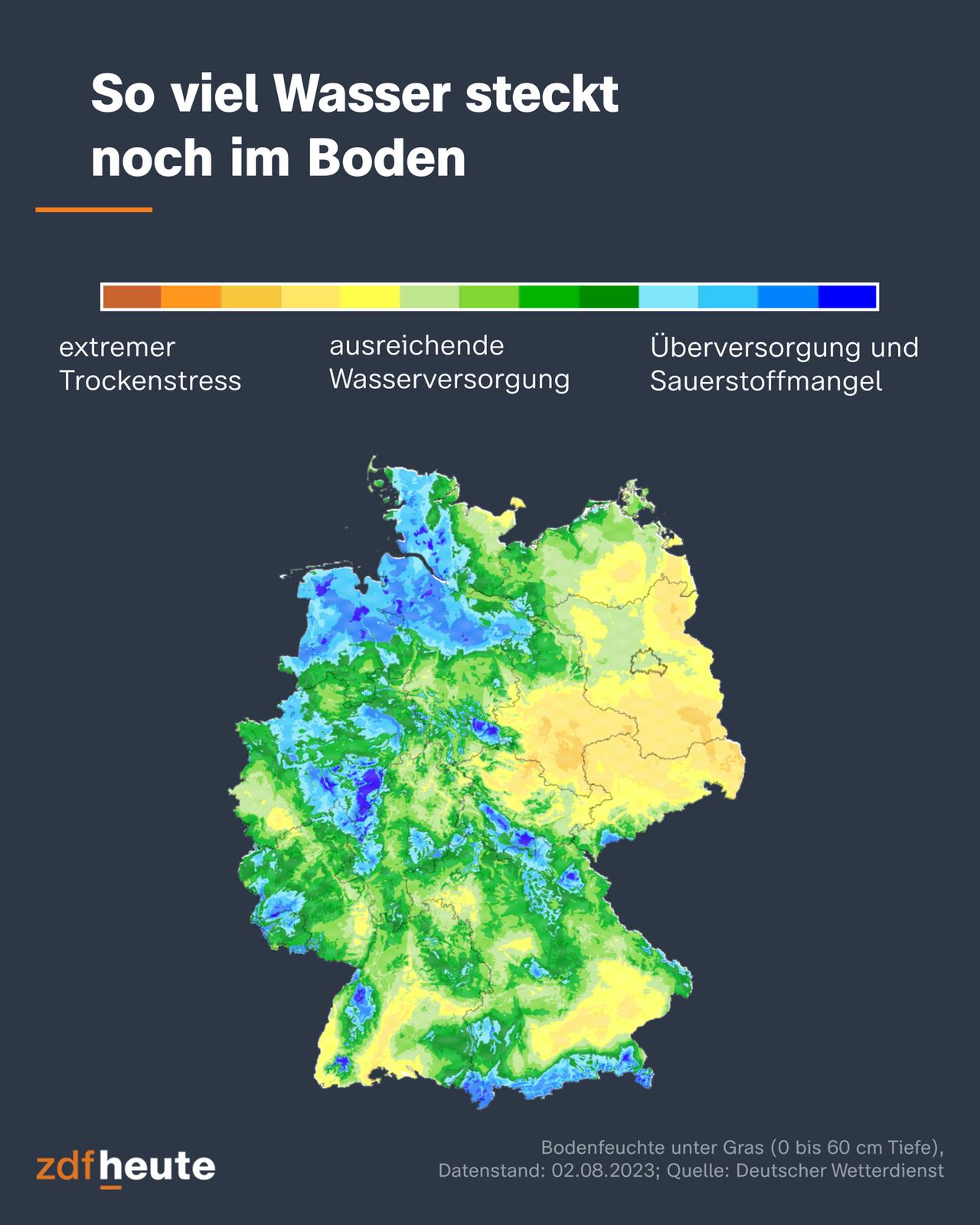 Die Darstellung zeigt für ganz Deutschland, wie viel Wasser den Pflanzen in den unterschiedlichen Regionen zur Verfügung steht. In ganz Deutschland ist in 0 bis 60 Zentimetern Tiefe tendenziell wenig Wasser gespeichert. Besonders trocken sind die Böden in Thüringen und in Nordbayern. Feuchter sind Regionen am Alpenrand, in Nordrhein-Westfalen, Niedersachsen und an der Grenze zu Dänemark.