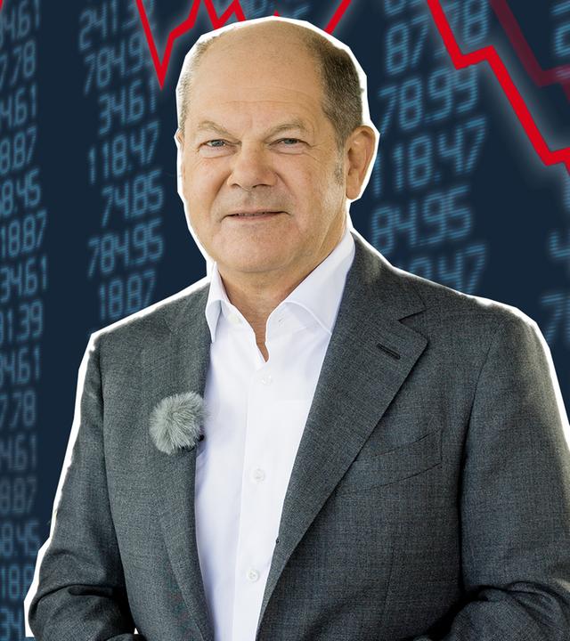 Olaf Scholz vor einem Graphen, der nach unten deutet.