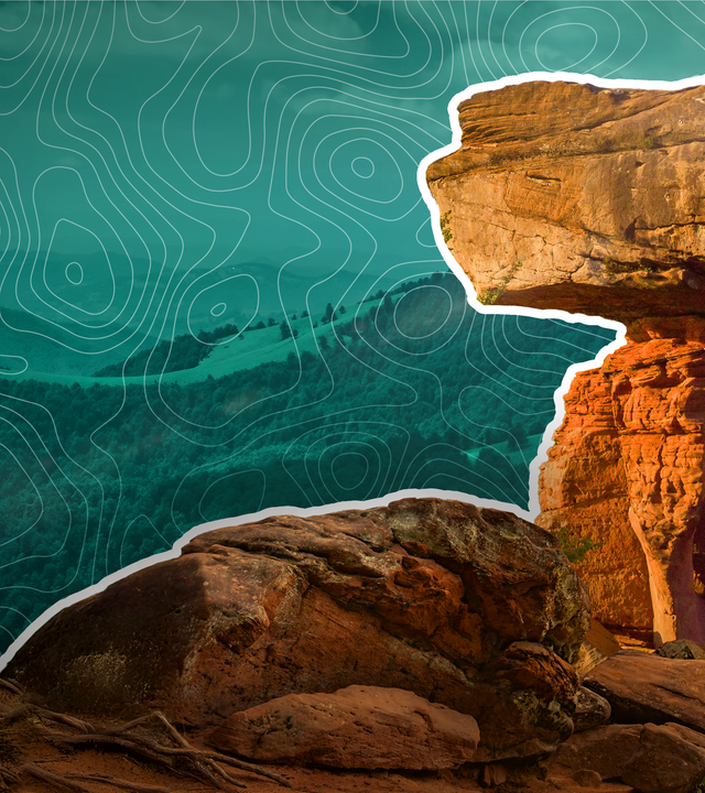 Montage: Teufelstisch in der Pfalz mit topgraphischen Linien im Hintergrund