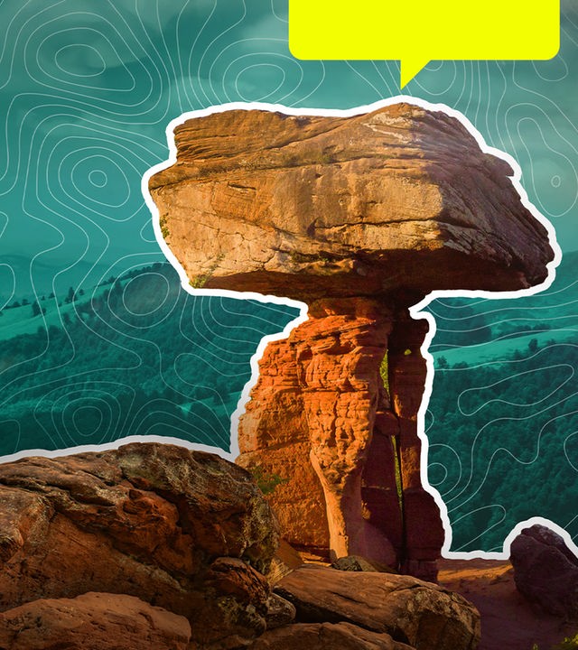 Montage: Teufelstisch in der Pfalz mit topgraphischen Linien im Hintergrund