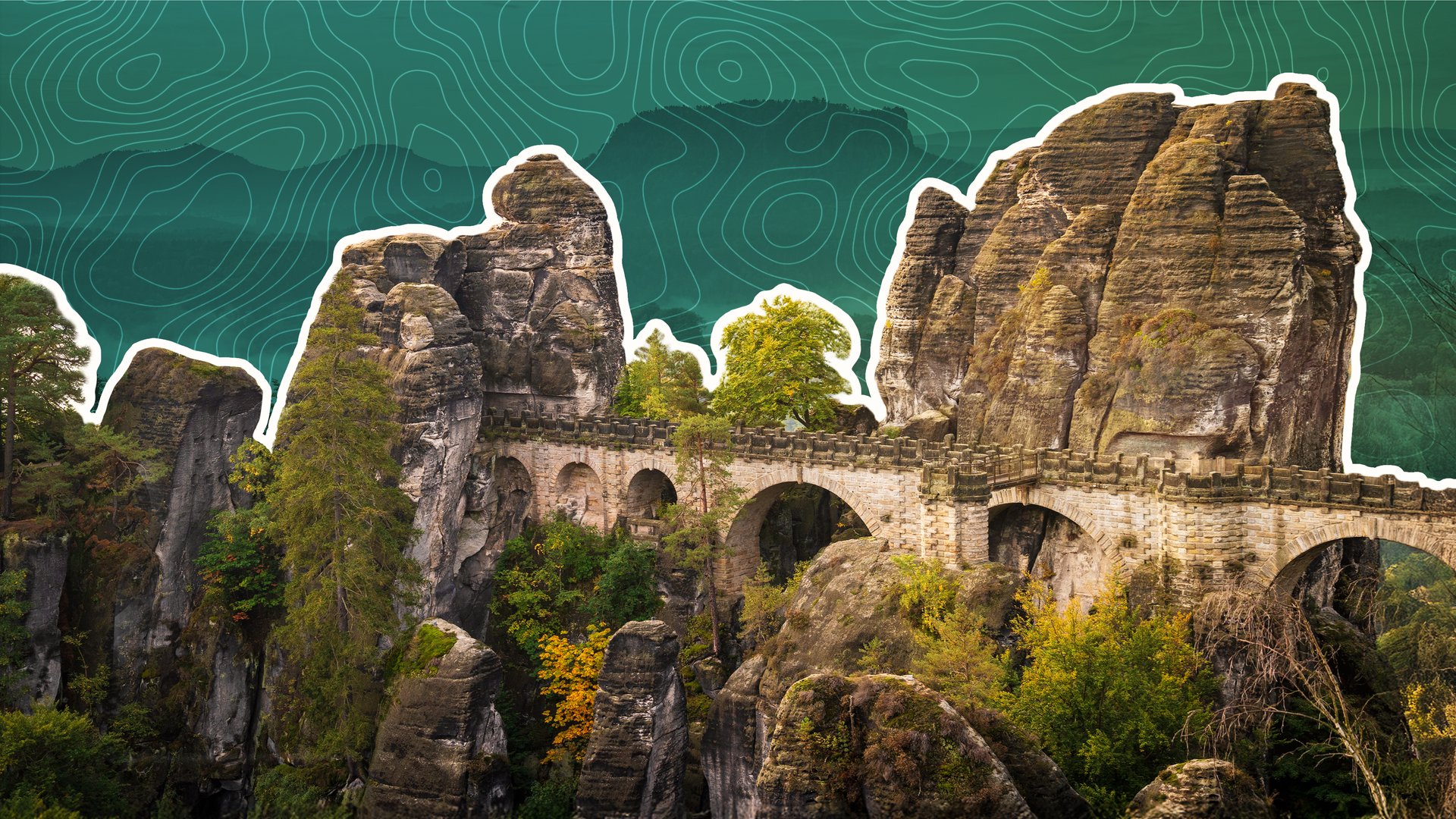 Montage: Basteibrücke im Elbsandsteingebirge mit topographsichen Linien im Hintergrund.