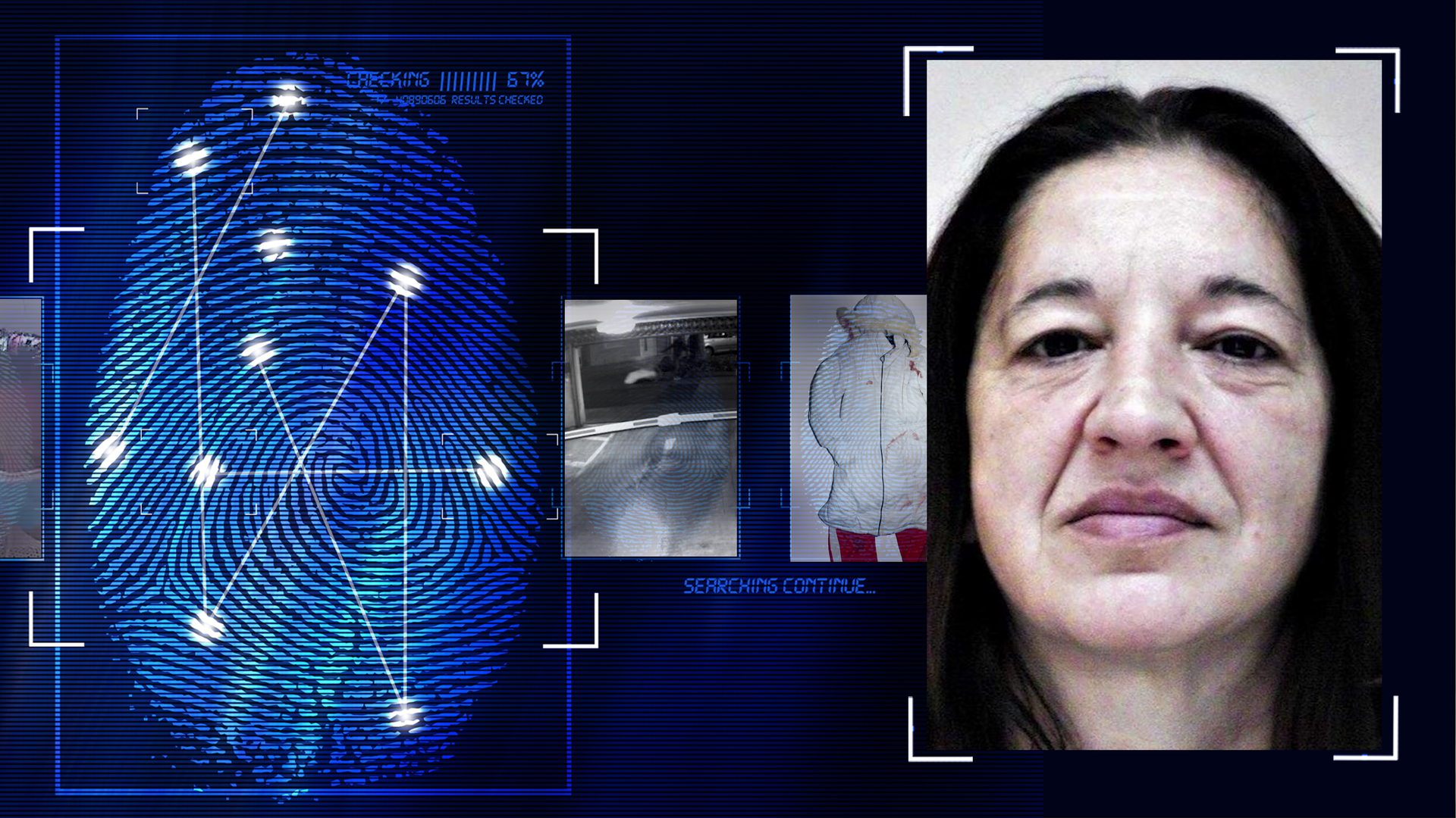 Portraitfoto von Diana Bodi. Frau, ca. 40 Jahre mit mittellangem dunklen Haar schaut in die Kamera. Links daneben: Lichtschematische Darstellung eines Fingerabdrucks