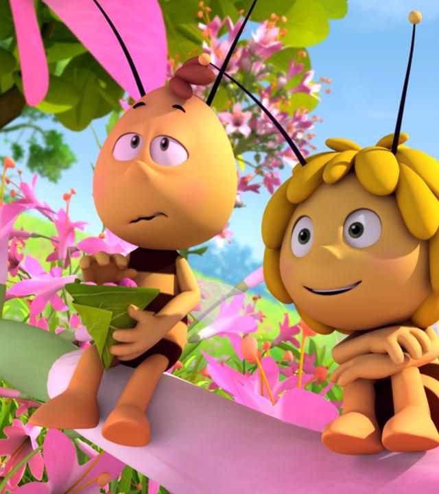 Maja und Willi sitzen auf einer Blume. Um sie herum sind viele rosafarbene Blüten. Die beiden blicken geradeaus, während Willi einen Snack in der Hand hält.