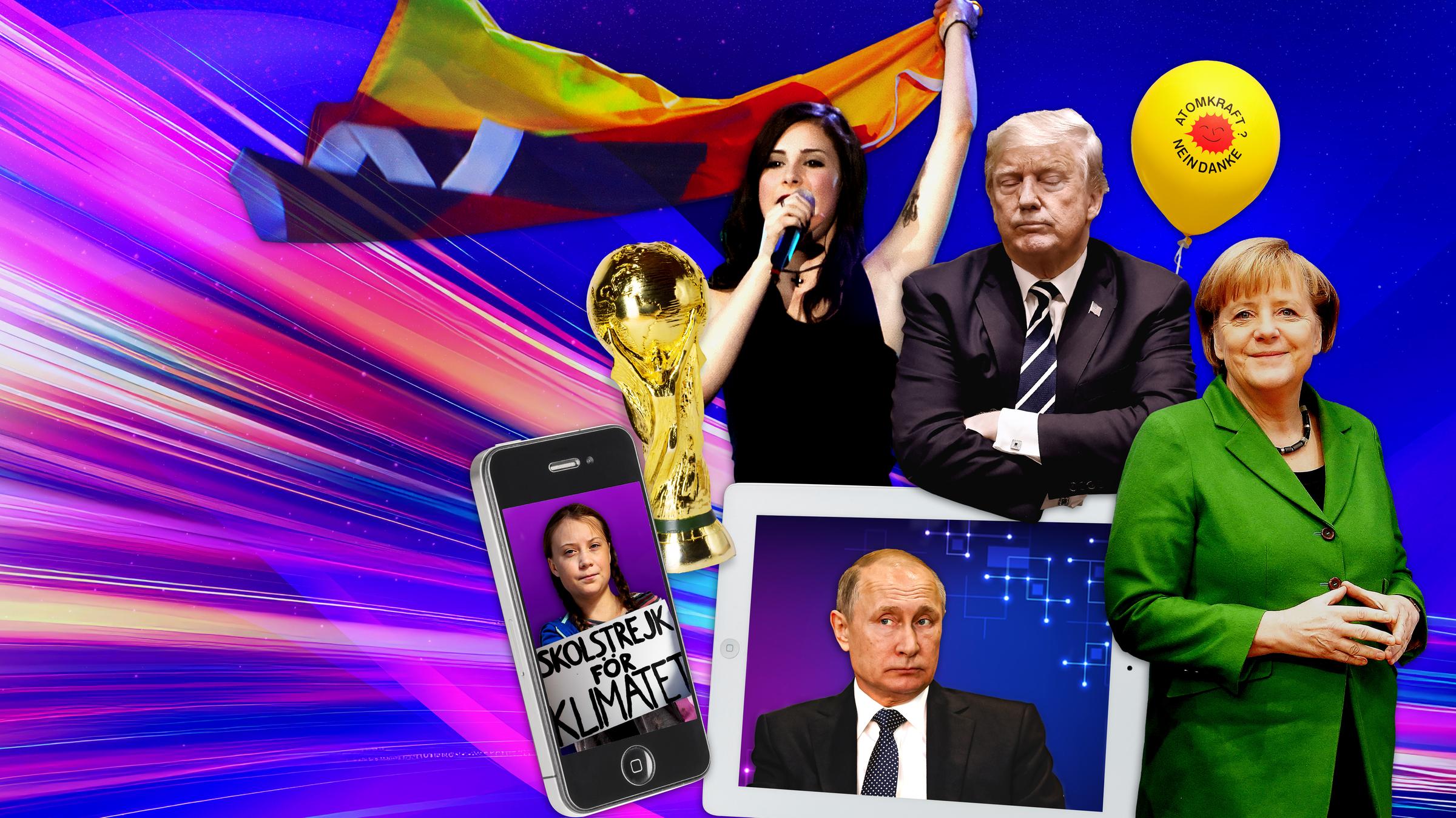 Montage: Porträtaufnahmen von D. Tump, V. Putin, A. Merkel, G. Thunberg, L. Meyer-Landrut liegen neben einer Abbildung des WM-Pokals sowie einem Luftballon mit der Aufschrift "Atomkraft? Nein danke". Der Hintergrund ist in Blau- und Rottönen graphisch gestaltet