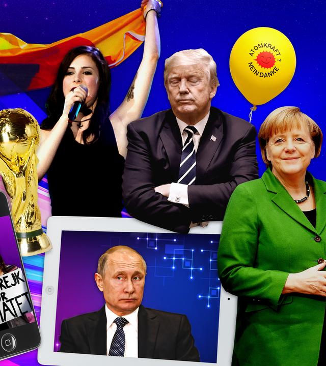 Montage: Porträtaufnahmen von D. Tump, V. Putin, A. Merkel, G. Thunberg, L. Meyer-Landrut liegen neben einer Abbildung des WM-Pokals sowie einem Luftballon mit der Aufschrift "Atomkraft? Nein danke". Der Hintergrund ist in Blau- und Rottönen graphisch gestaltet