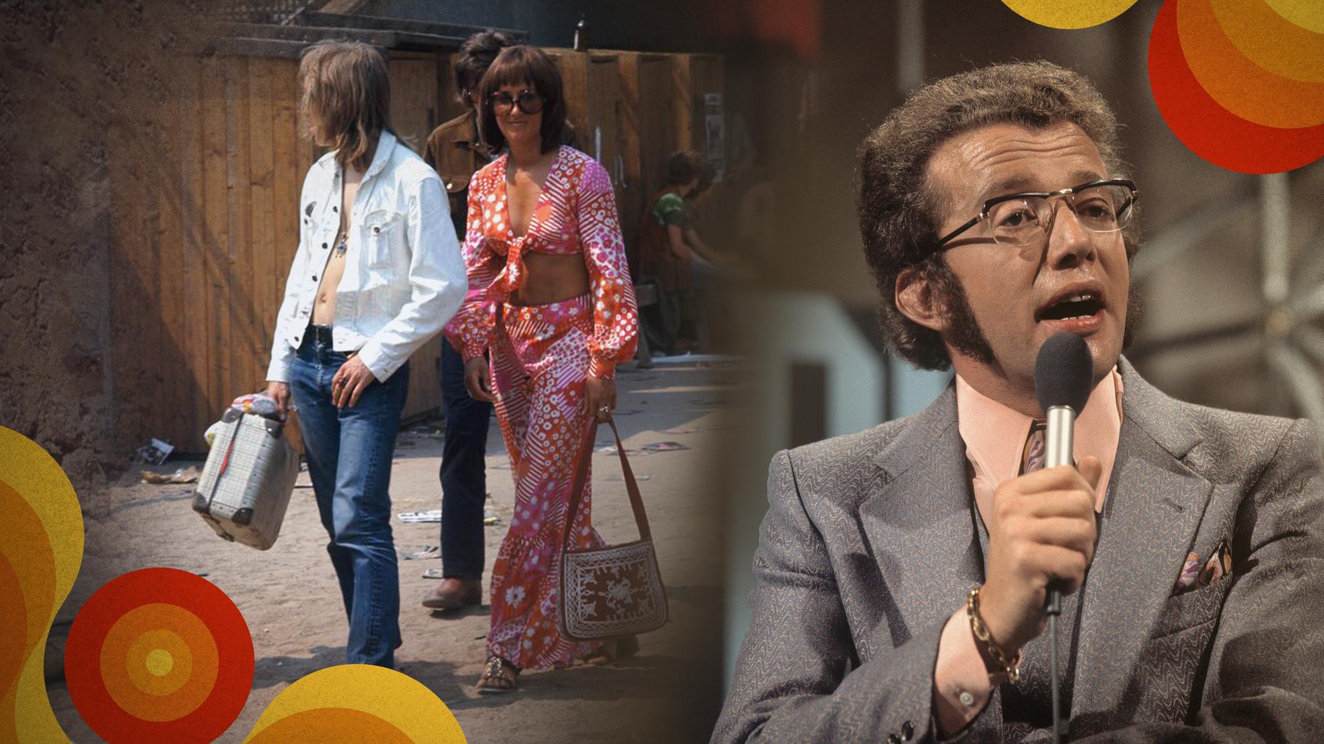 Montage: Rechts der Moderator Dieter Thomas Heck; links ein Pärchen in typischer 70er-Jahre-Kleidung.