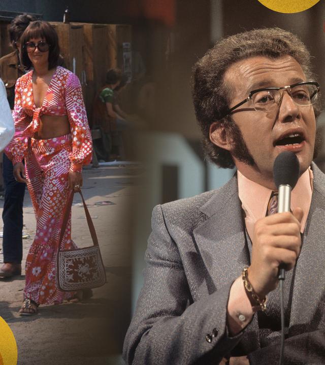 Montage: Rechts der Moderator Dieter Thomas Heck; links ein Pärchen in typischer 70er-Jahre-Kleidung.