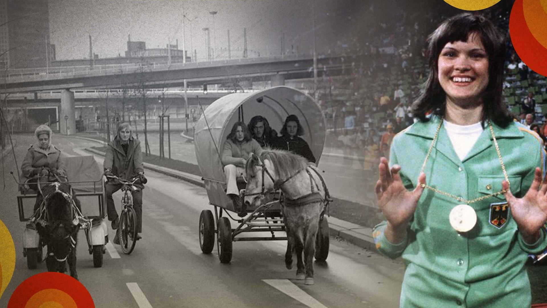 Montage: Rechts Olympiasiegerin Ulrike Meyfarth; links junge Menschen, die aufgrund der Ölkrise mit Pferdewagen durch eine Großstadt fahren.