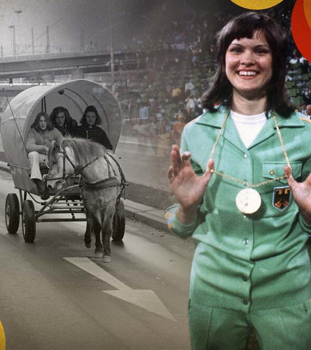 Montage: Rechts Olympiasiegerin Ulrike Meyfarth; links junge Menschen, die aufgrund der Ölkrise mit Pferdewagen durch eine Großstadt fahren.