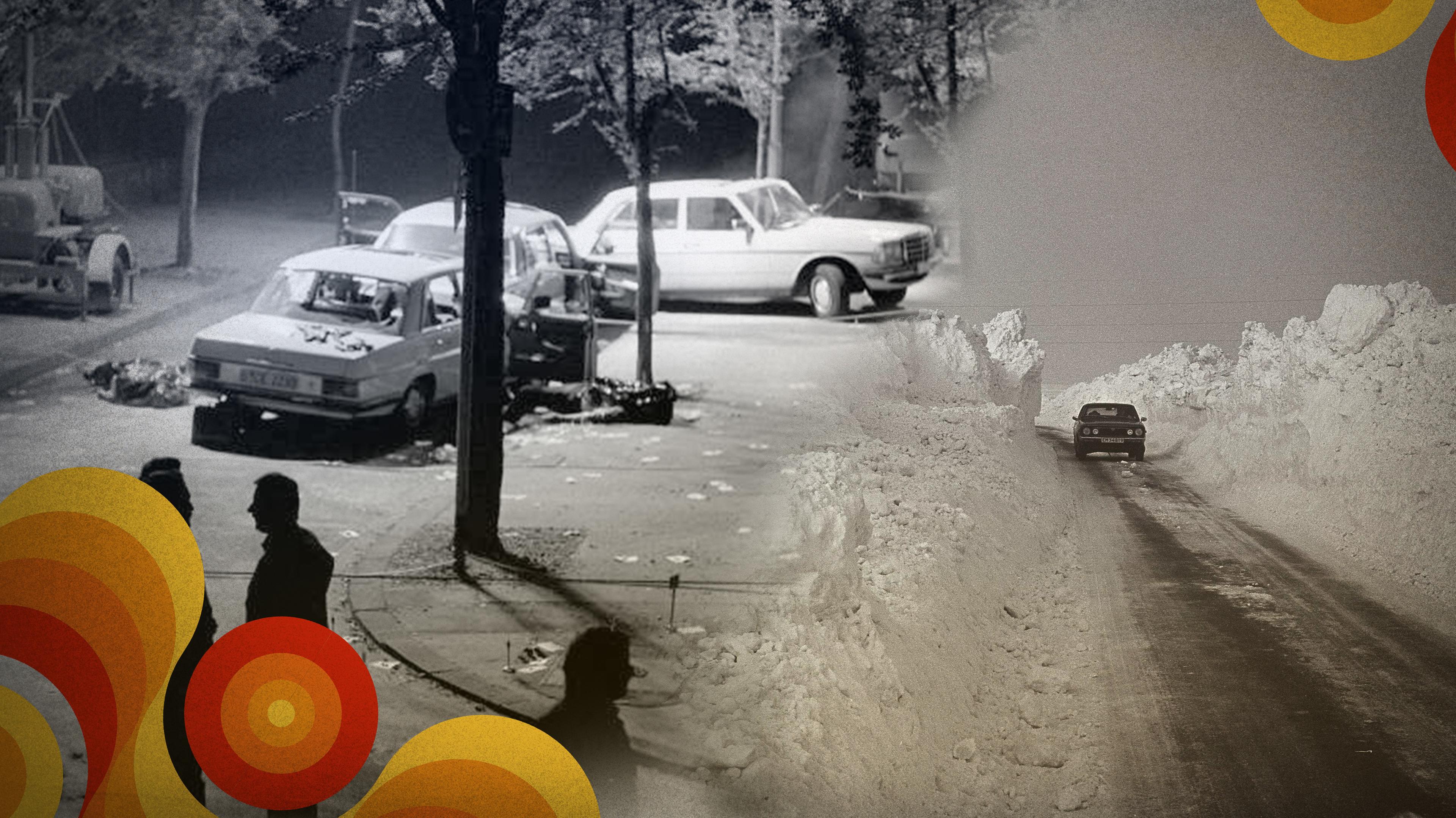 Montage: Rechts eine völlig eingeschneite Straße im Jahrhundertwinter 1978/79; links der Tatort der Schleyer-Entführung in Köln-Braunsfeld.