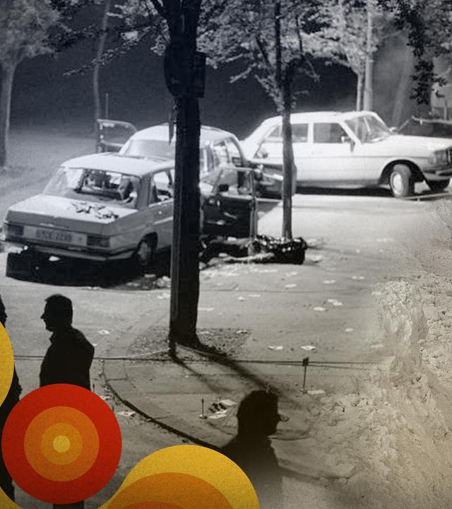 Montage: Rechts eine völlig eingeschneite Straße im Jahrhundertwinter 1978/79; links der Tatort der Schleyer-Entführung in Köln-Braunsfeld.