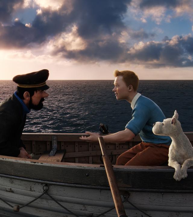 Artwork zum Film mit den Charakteren Kapitän Haddock, Tim und Struppi