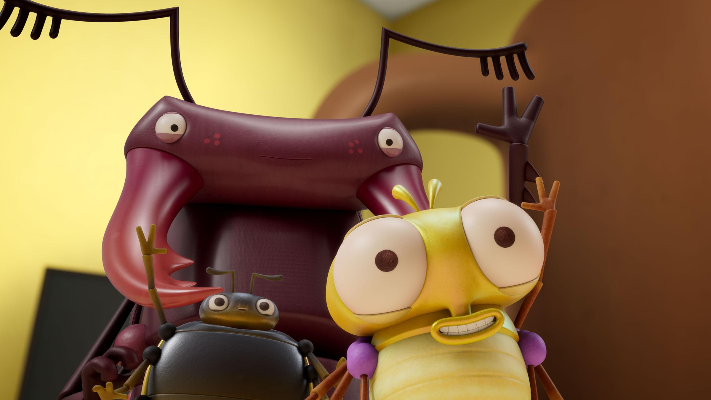 Innen neben einem braunen Henkelbecher stehen Hirschkäfer Freckles, das Marienkäfermädchen Dotty und PB. Alle drei haben einen Arm hoch in die Luft gehoben und schauen erwartungsvoll nach vorne.