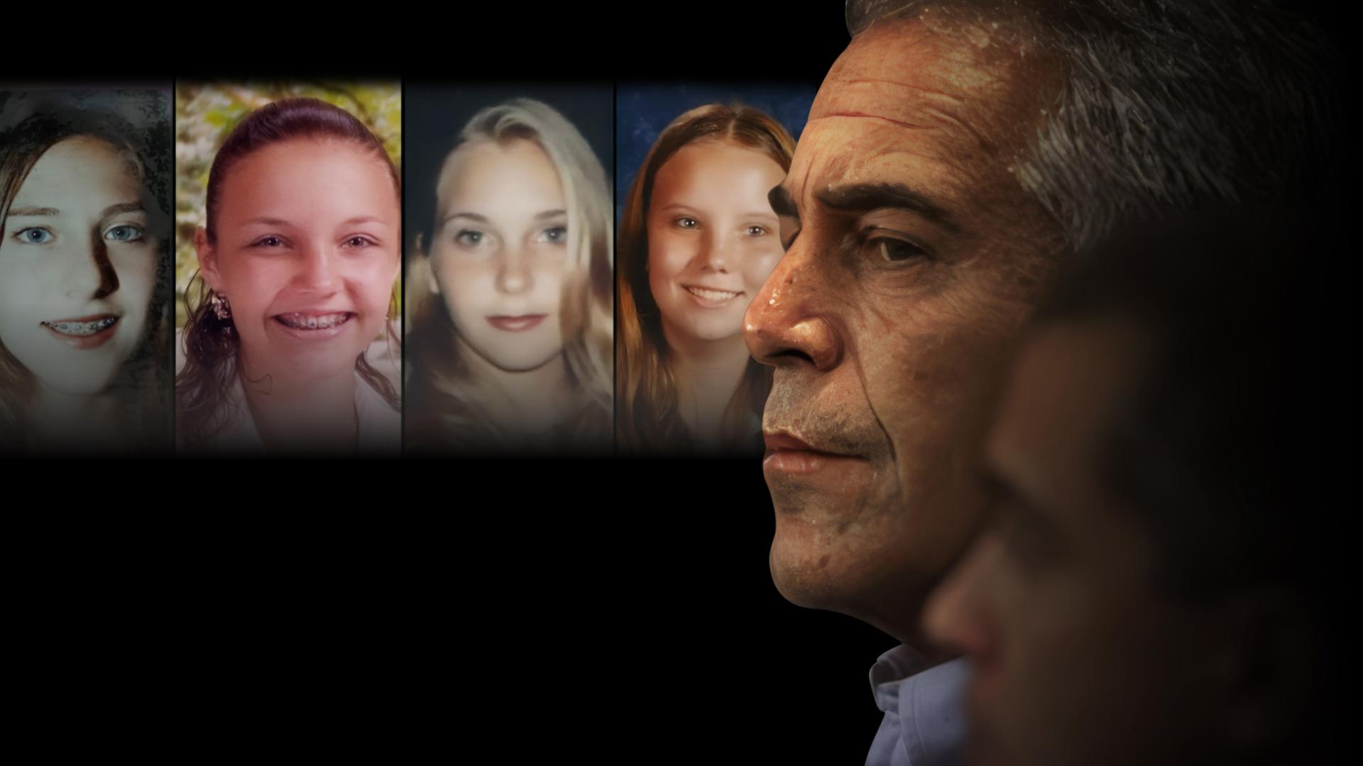 Im Vordergrund ist Jeffrey Epstein im Profil zu sehen, das Bild stammt von einer Gerichtsverhandlung 2008. Im Hintergrund sieht man ein paar seiner Opfer. 