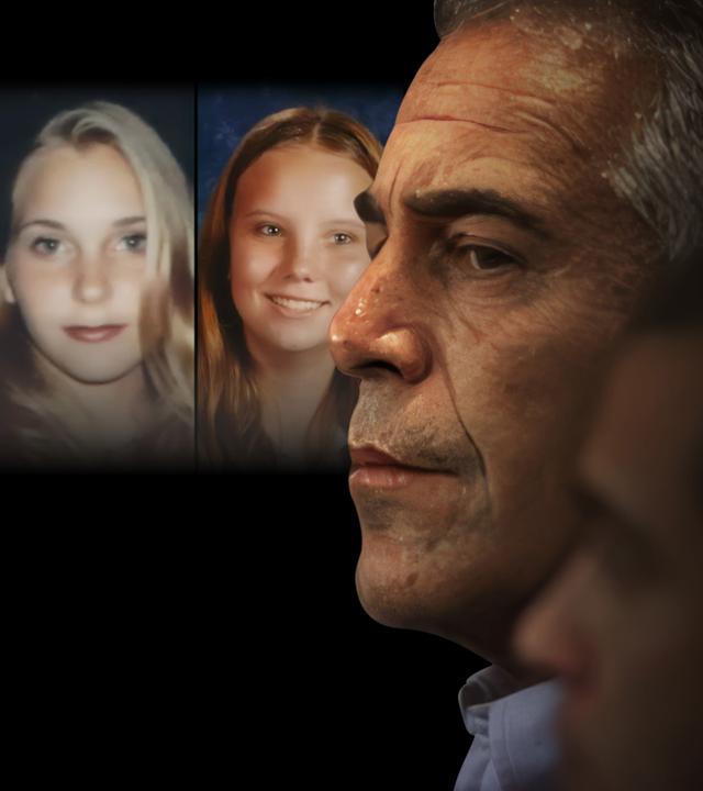 Im Vordergrund ist Jeffrey Epstein im Profil zu sehen, das Bild stammt von einer Gerichtsverhandlung 2008. Im Hintergrund sieht man ein paar seiner Opfer. 