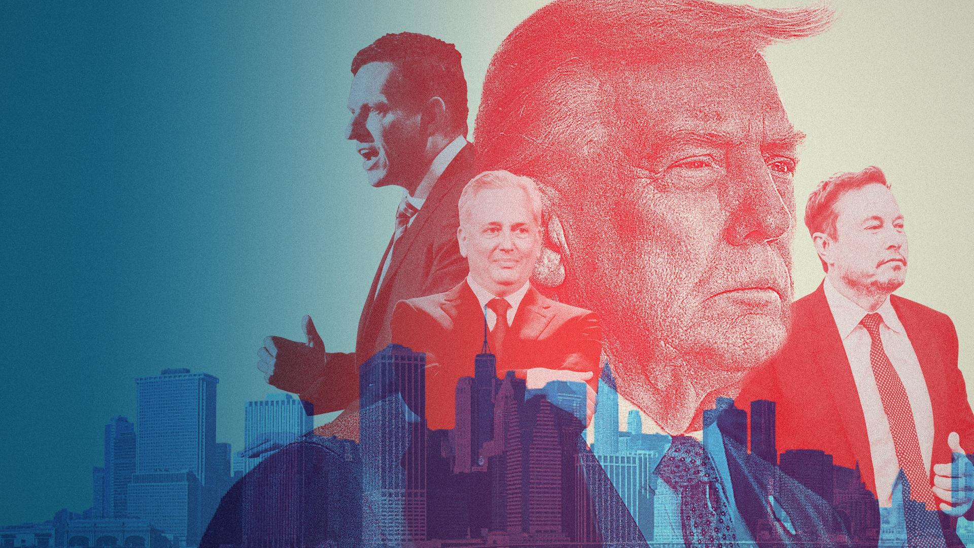 Eine Collage mit Fotos von Tech-Milliardären Peter Thiel, Elon Musk und David Sacks vor einem großen Halbprofil von Donald Trump. Im Hintergrund eine Stadtsilhouette. 