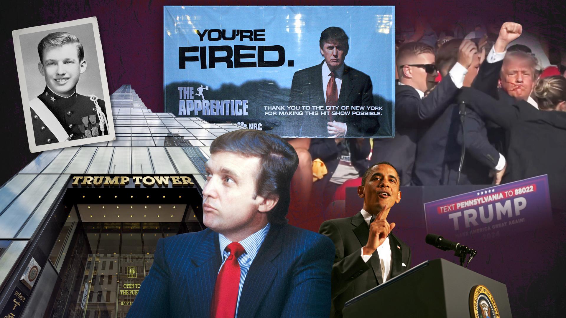 Collage, verschiedene prägende Startionen in der Karriere von Donald Trump.