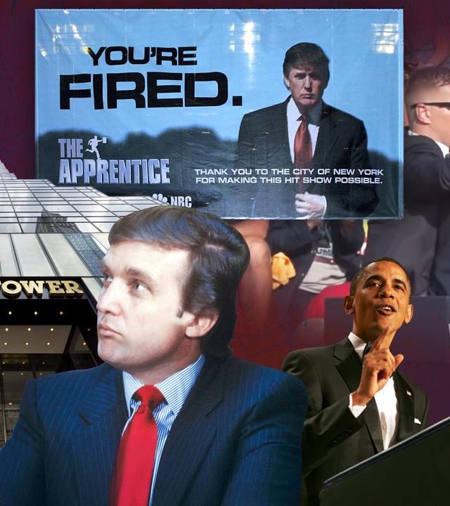 Collage, verschiedene prägende Startionen in der Karriere von Donald Trump.