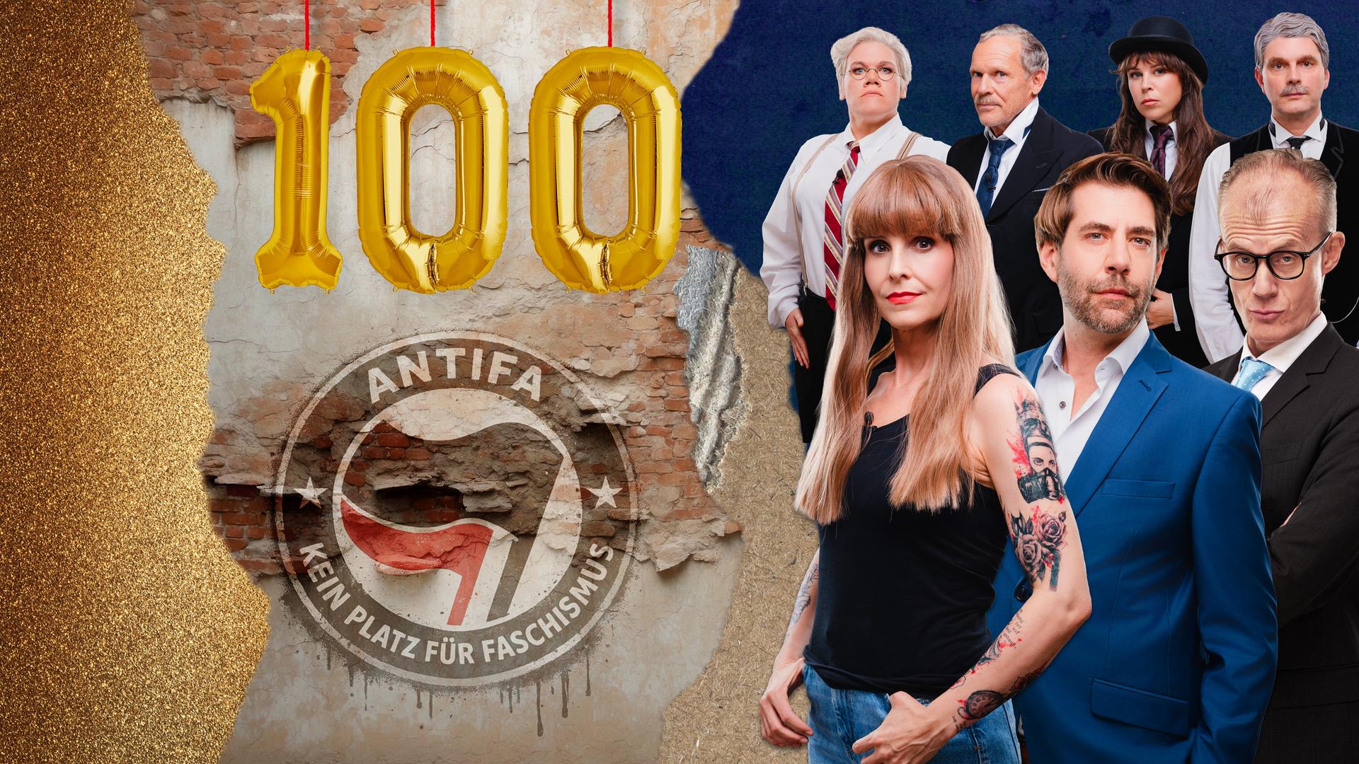Rechts im Bild befindet sich das Ensemble der Anstalt. Links oben steht die Zahl 100 aus goldenen Ballons. Darunter befindet sich ein Graffiti mit der Aufschrift "ANTIFA – KEIN PLATZ FÜR FASCHISMUS".
