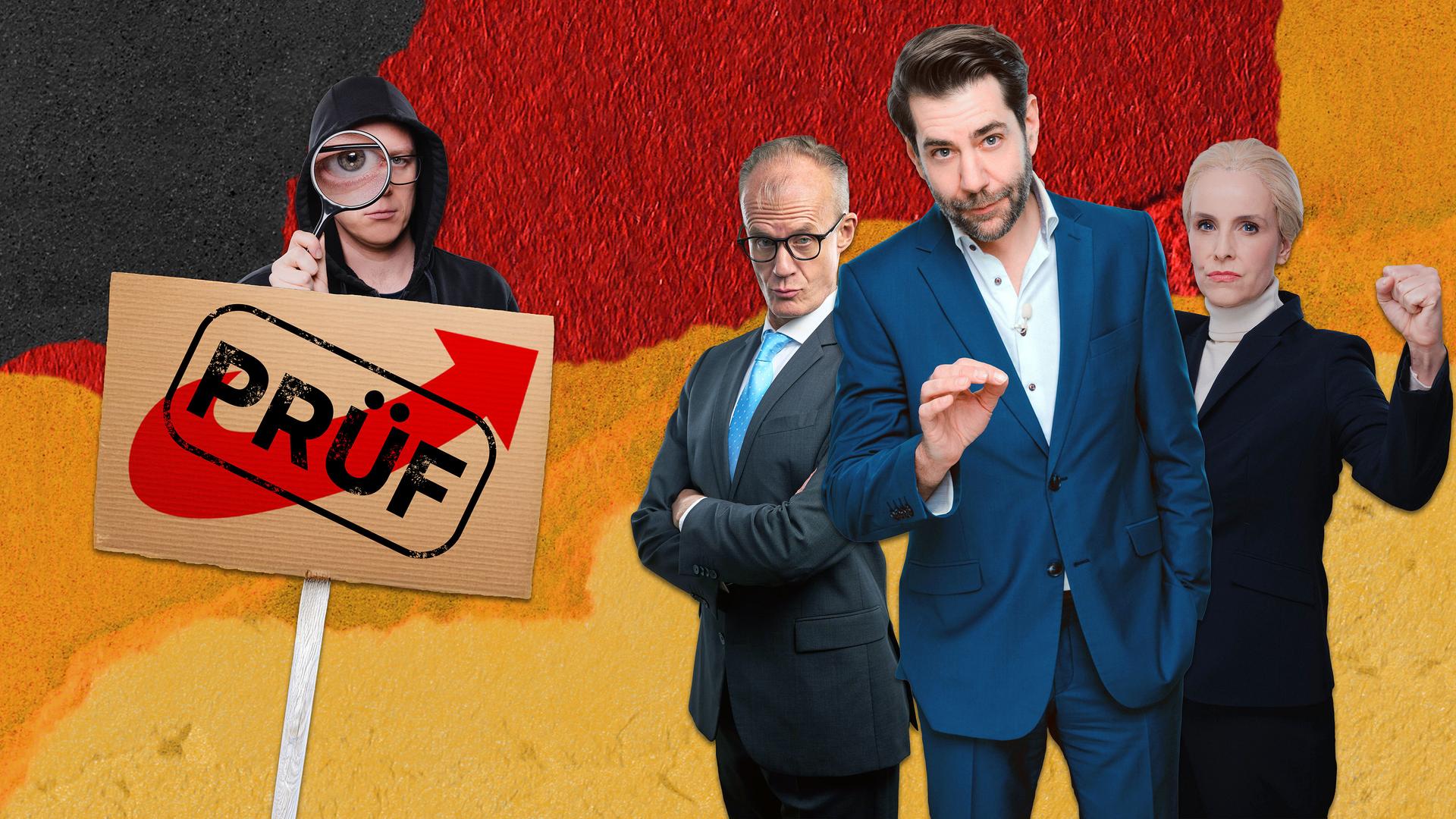 Rechts im Bild stehen Max Uthoff, Claus von Wagner und Maike Kühl vor einem schwarz-rot-goldenen Hintergrund. Links im Bild ist Nico Semsrott mit einer Lupe vor dem Auge hinter einem Pappschild zu sehen. Auf dem Schild befindet sich ein roter Pfeil, der dem Logo der AfD ähnelt, darüber steht das Wort "Prüf".
