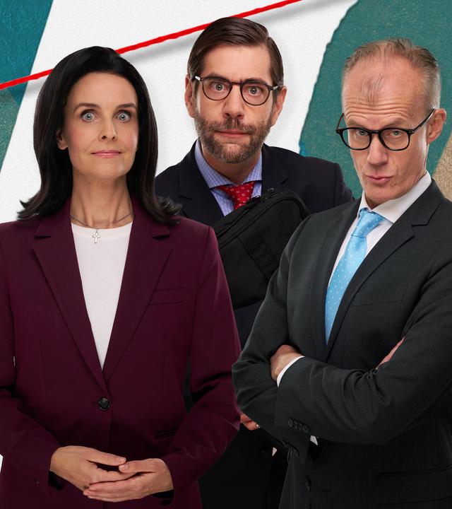 Maike Kühl, Claus von Wagner und Max Uthoff sind in einer Collage abgebildet, in der sich eine Ladesäule für Elektrofahrzeuge, der Kühlturm eines Kraftwerks und ein Windrad befinden.