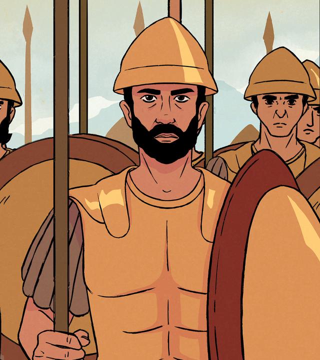Animation: Sechs Soldaten in antiker Rüstung stehen in militärischer Formation.