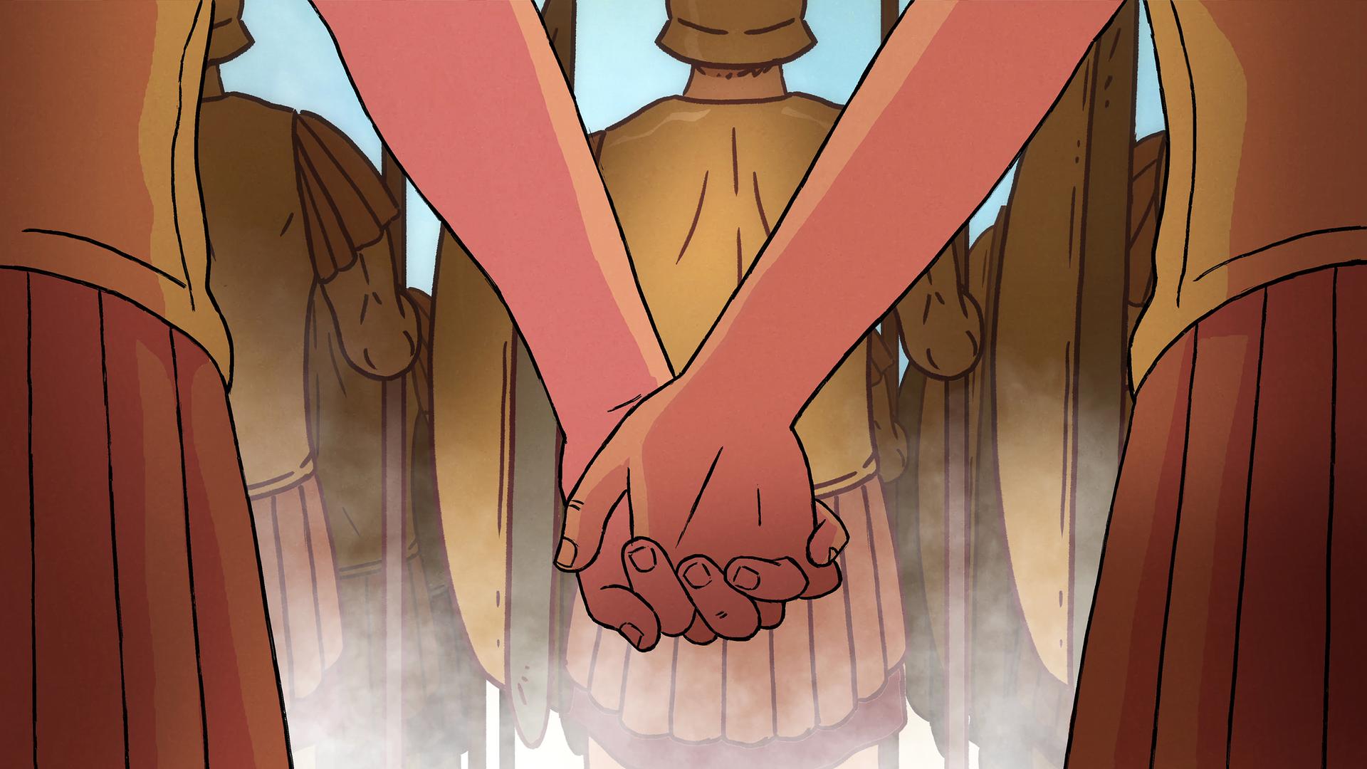 Computergeneriertes Bild: Rückenansicht zweier Soldaten in antiker Rüstung. Sie stehen in militärischer Formation und halten die Hände.