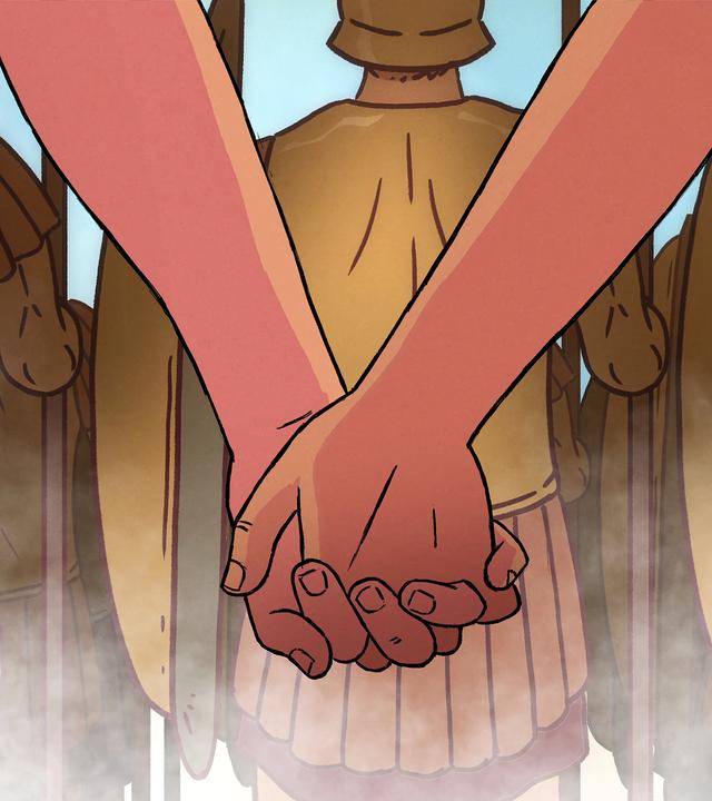 Computergeneriertes Bild: Rückenansicht zweier Soldaten in antiker Rüstung. Sie stehen in militärischer Formation und halten die Hände.