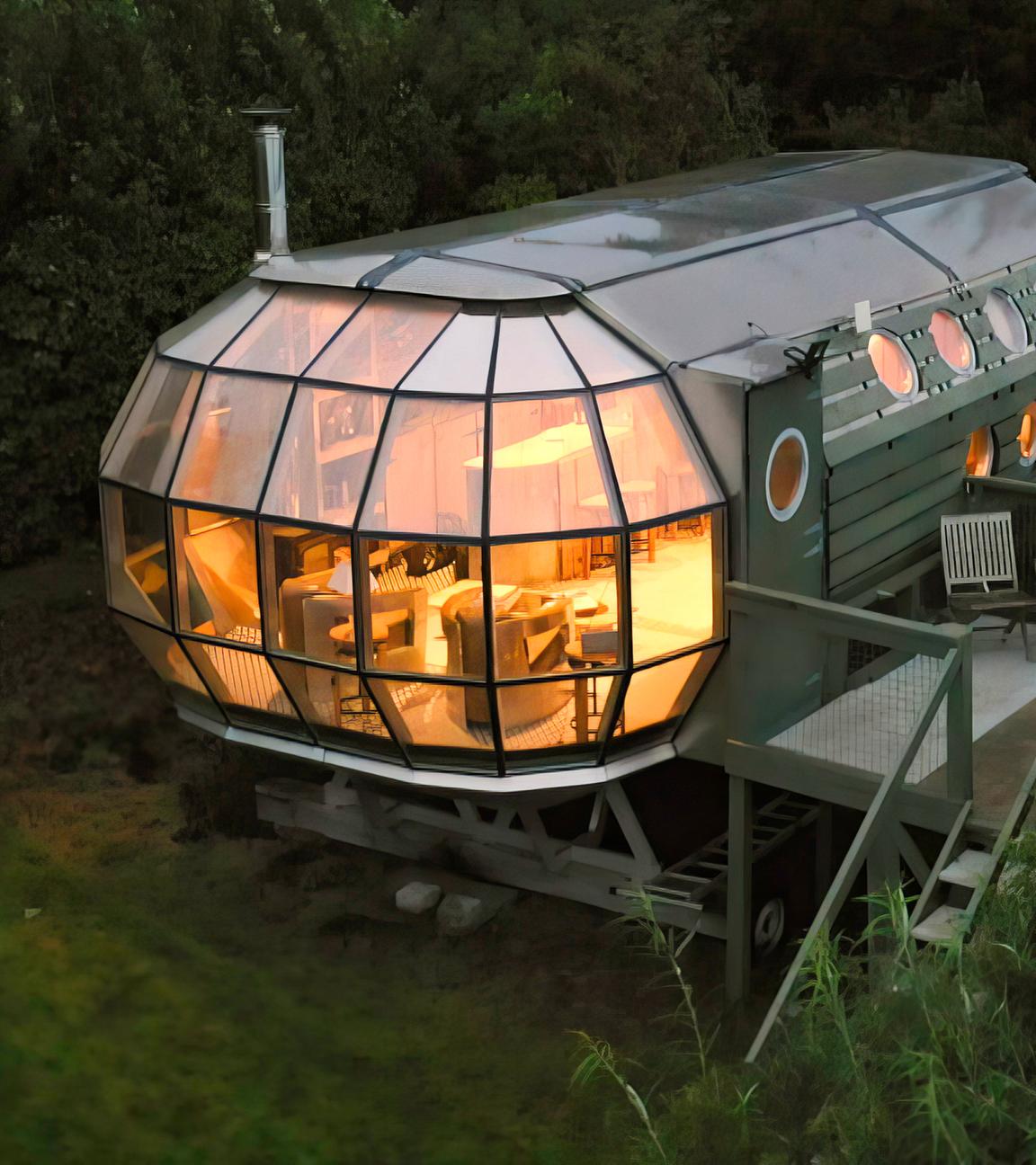 Ein Häuschen aus Glas und Aluminium, dass einem Luftschiff ähnelt, wird von innen beleuchtet.