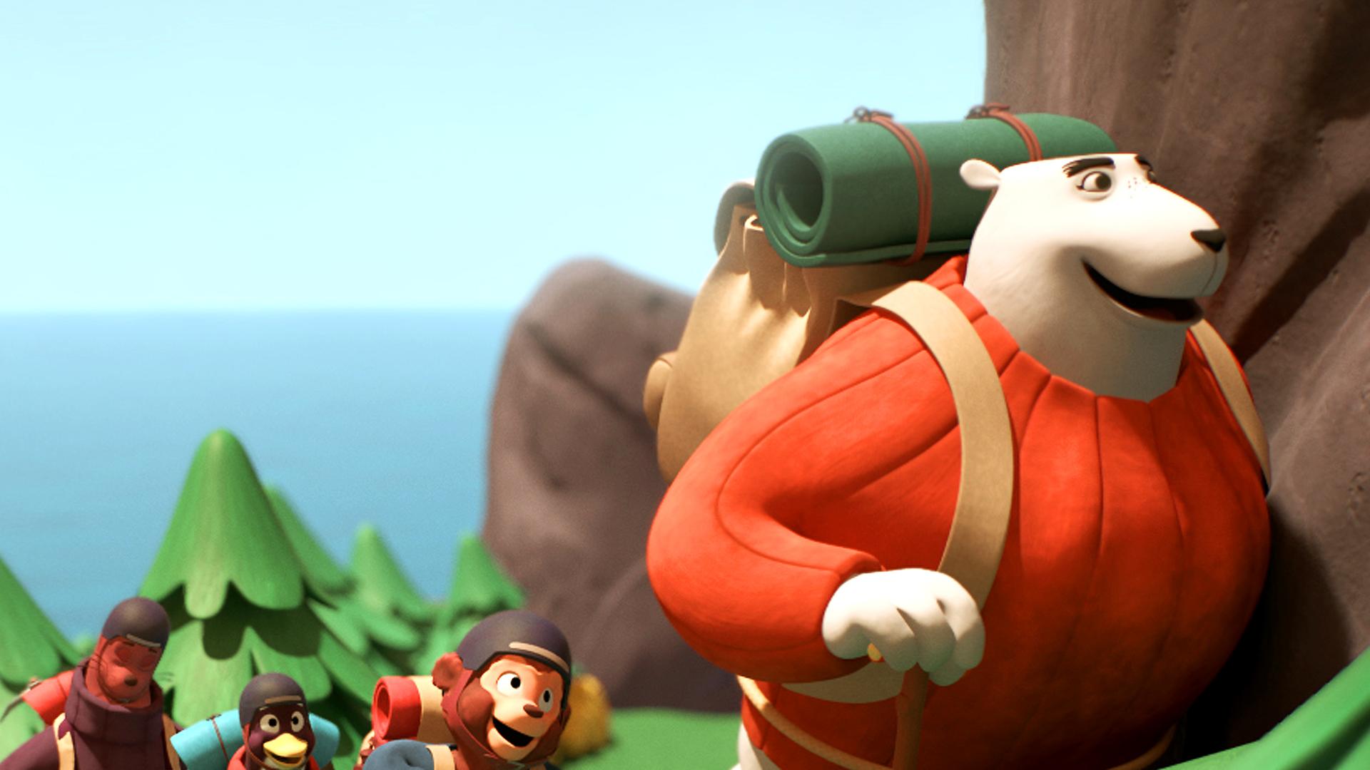 Petzi, Pingo, Pelle und Seebär laufen der Bergsteigerin Greta auf dem Weg zum Berggipfel hinterher. Alle fünf Bergsteiger sind mit einem Seil verbunden, das sie um ihre Hüften geknotet haben. Der Weg ist von Bäumen umgeben, im Hintergrund ist das Meer zu sehen, das Schiff Mary liegt auch an.