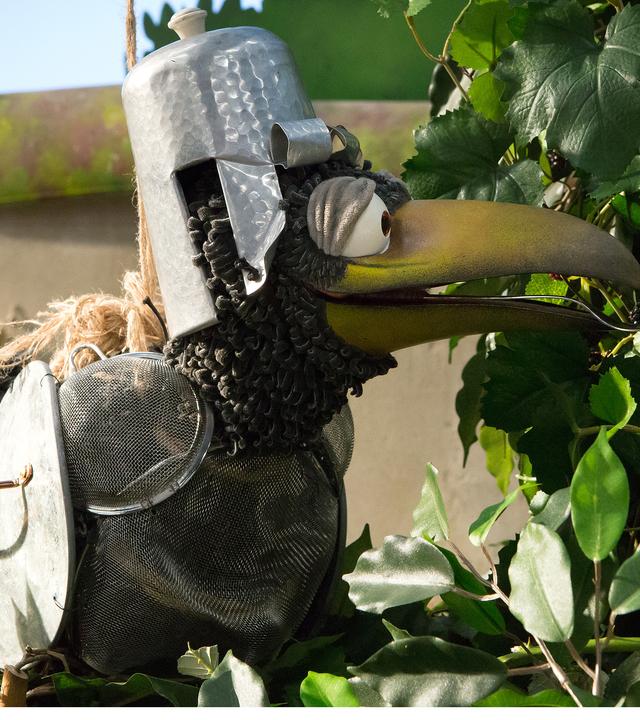 Rudi trägt ein Ritterkostüm und hängt an einem Seil. Er versucht, mit einem Kescher Brombeeren vom Strauch zu pflücken. 