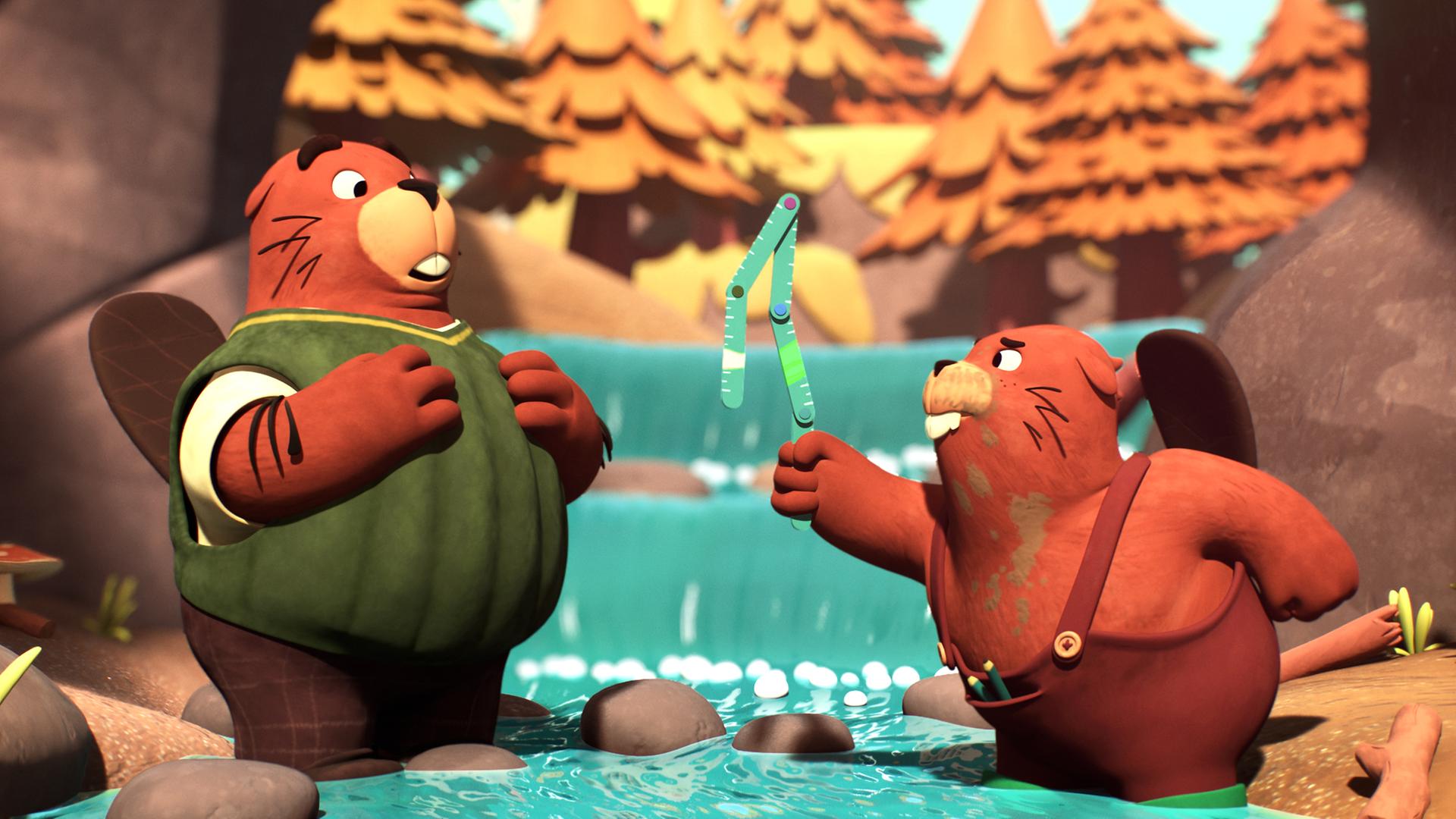 Biber Tim (rechts) hält einen Zollstock in der Hand in der Hand und sieht verzweifelt aus. Links neben ihm steht sein Papa. Beide stehen im Fluss, an der Stelle, an der Tim seinen Damm bauen möchte. Im Hintergrund ist ein kleiner Wasserfall und der Wald zu sehen.