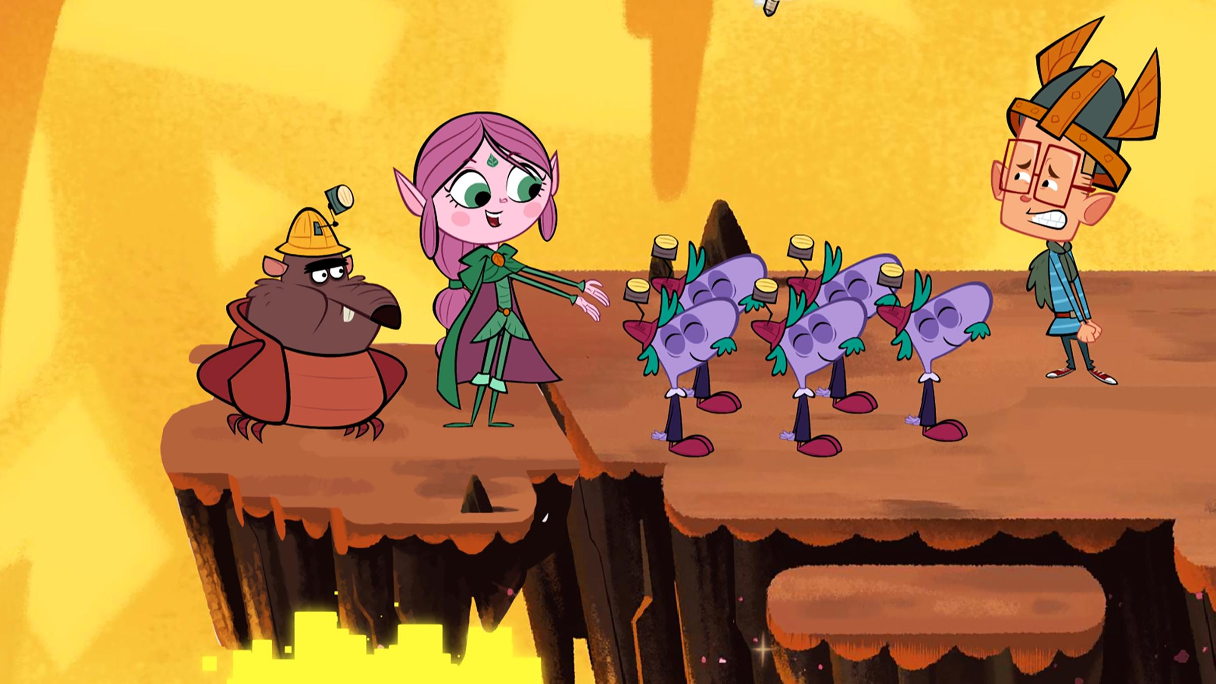 Marcus (r.) ist fix und fertig, da die Debbinge Ewigkeiten gebraucht haben, um in die Nähe des Ausgangs zu gelangen. Während er vor ihnen herläuft und zu ihnen nach hinten blickt, bilden Ratrick (l.) und Ephi (m.l) den Schluss. Die Debbinge bilden eine Formation zwischen ihnen.