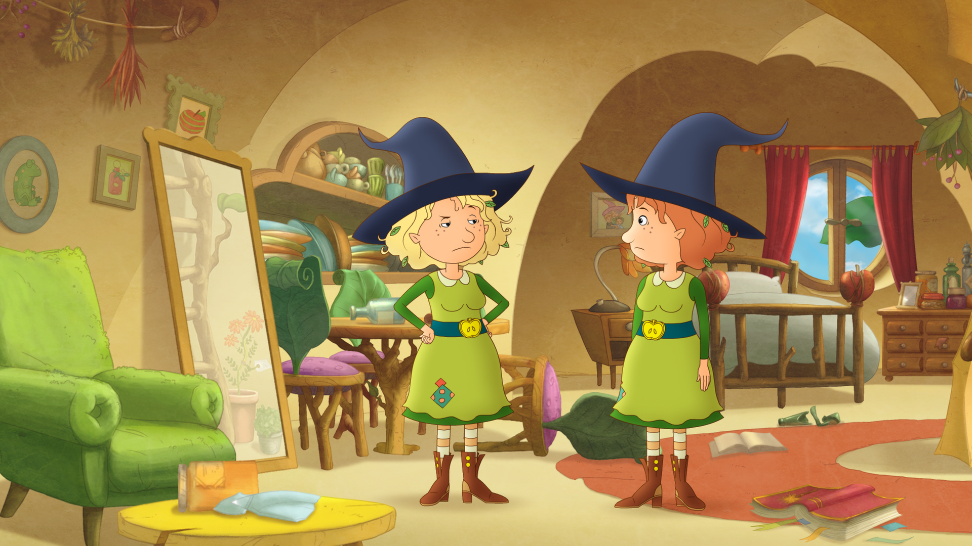 Petronella steht ihrer Doppelgängerin verblüfft gegenüber. Die Doppelgängerin sieht sehr schlecht gelaunt aus.