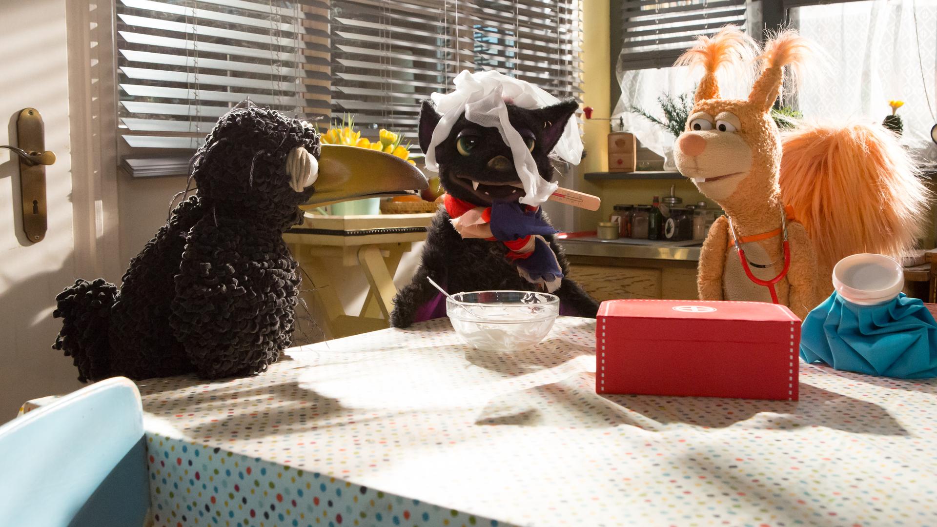 Rabe Rudi, Fledermaus Loulou, die in Mullbinden gehüllt ist und ein Fieberthermometer im Maul hat, und Eichhörnchen Ella hocken auf dem Küchentisch. Rudi und Ella schauen besorgt auf die vermeintliche Vampi.