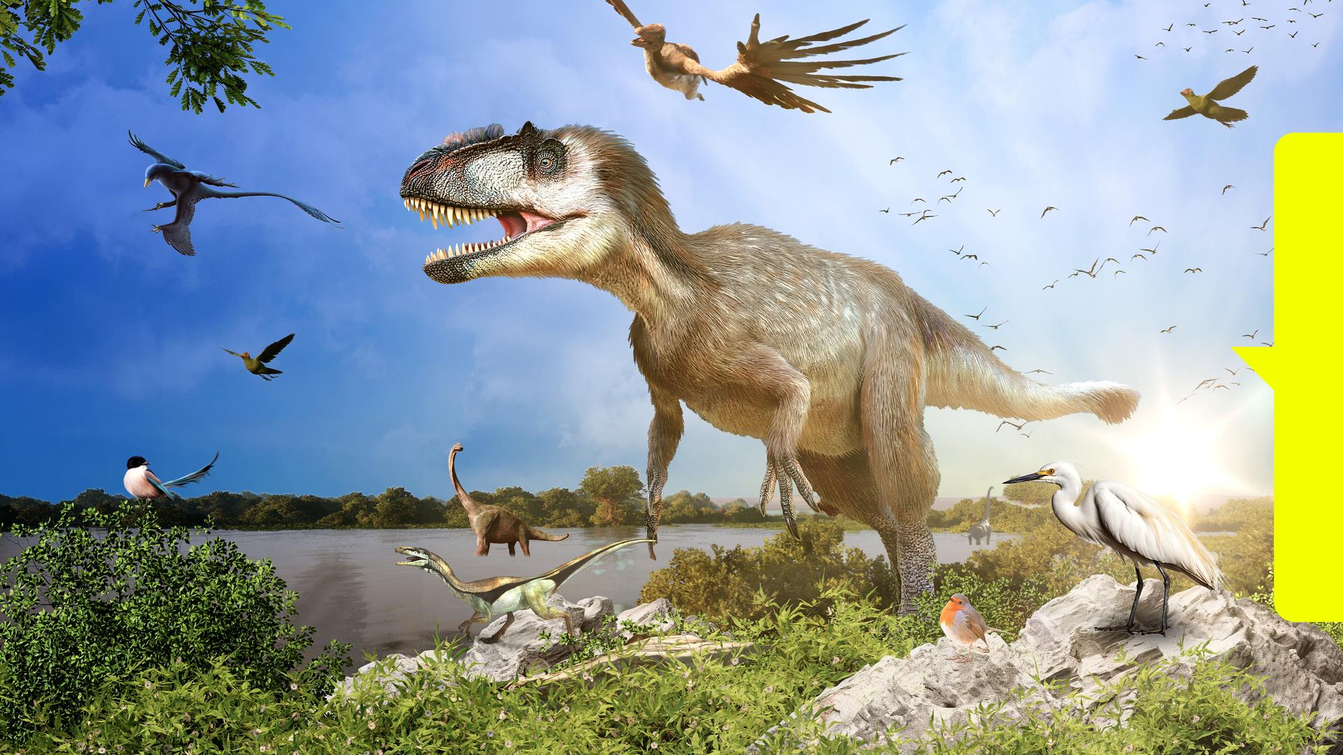 Computergeneriertes Bild von einem Yutyrannus und weiteren Dinosauriern, gemeinsam mit Vögeln am Himmel und auf dem Boden, im Hintergrund die Sonne.