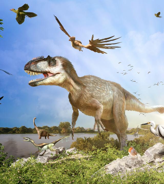 Computergeneriertes Bild von einem Yutyrannus und weiteren Dinosauriern, gemeinsam mit Vögeln am Himmel und auf dem Boden, im Hintergrund die Sonne.