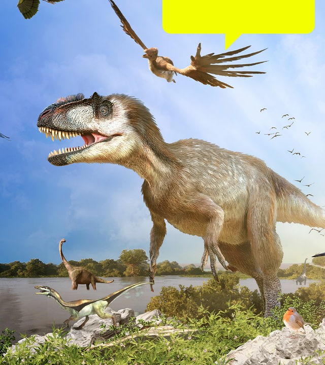 Computergeneriertes Bild von einem Yutyrannus und weiteren Dinosauriern, gemeinsam mit Vögeln am Himmel und auf dem Boden, im Hintergrund die Sonne.