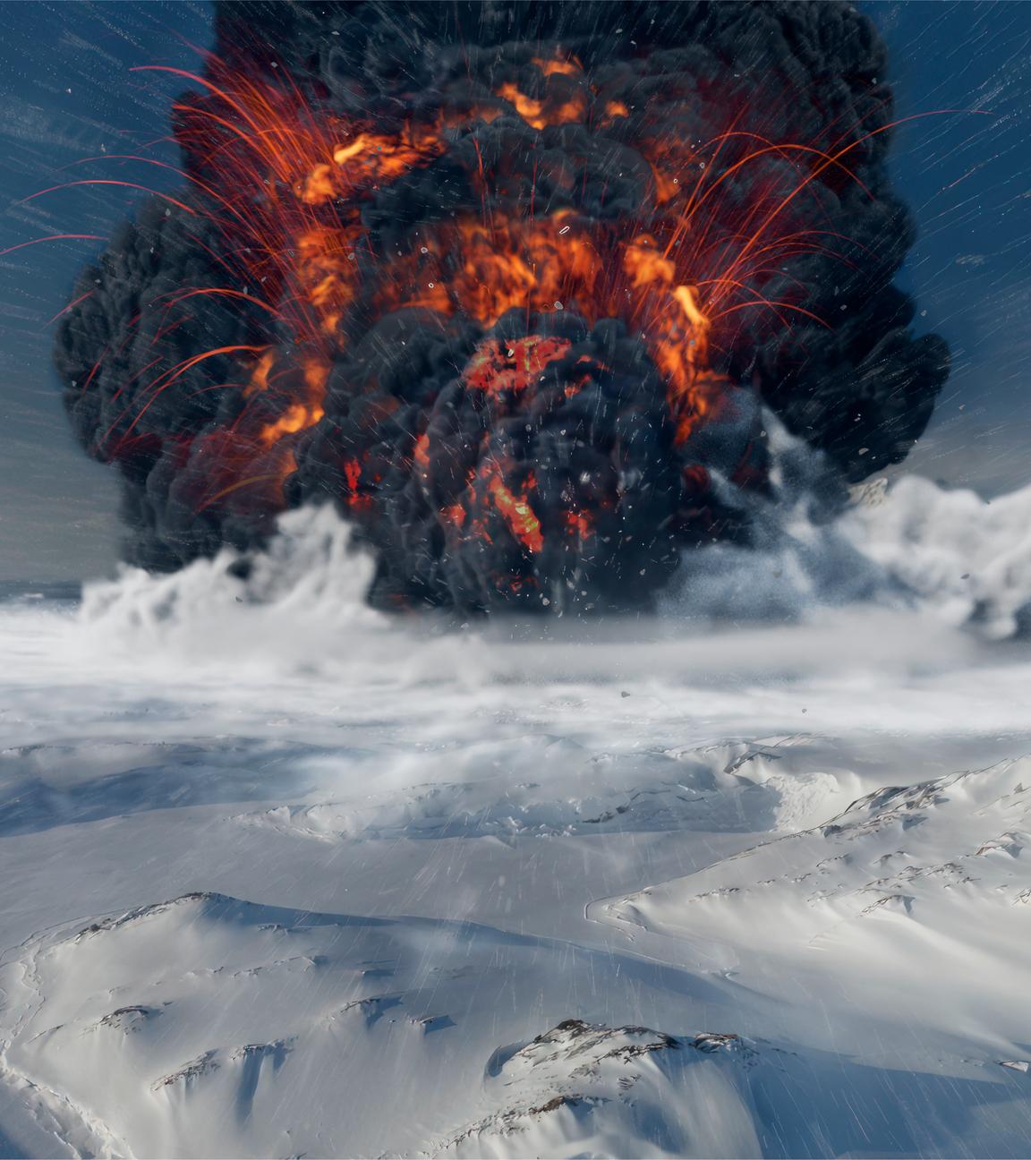 Animiertes Bild einer mit Eis und Schnee bedeckten Fläche, im Hintergrund ein Vulkanausbruch, bei dem schwarzer Rauch und glühende Materie ausgestoßen wird.