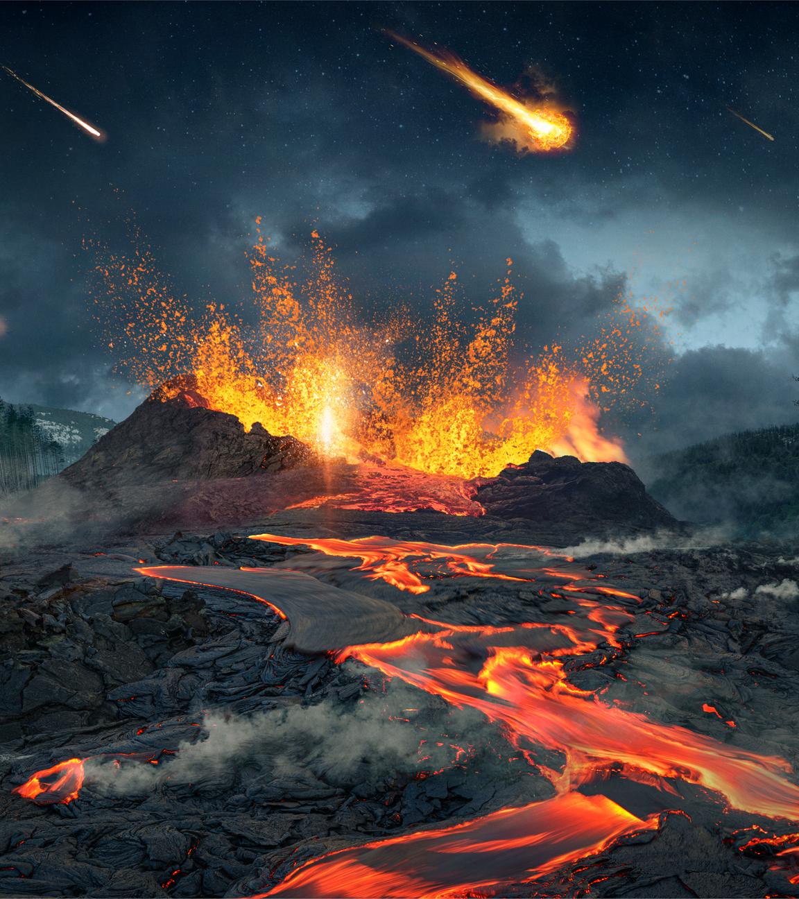 Animiertes Bild eines Vulkankraters, aus dem Glut nach oben schießt und aus dem glühende Lavaströme fließen.
