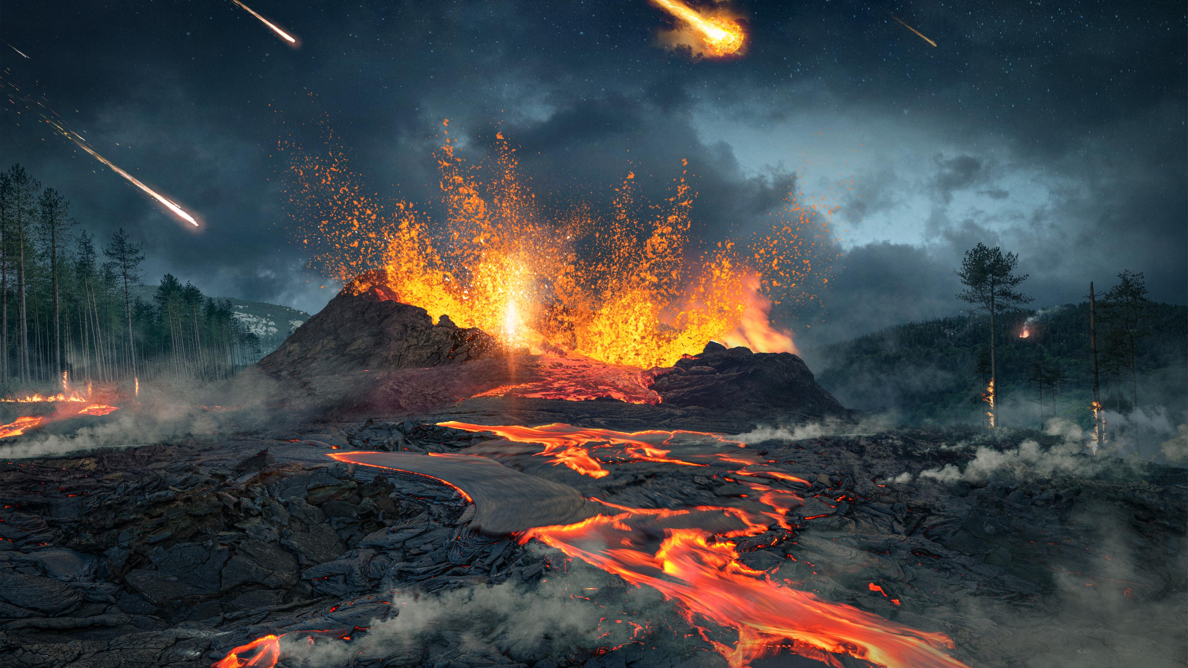 Animiertes Bild eines Vulkankraters, aus dem Glut nach oben schießt und aus dem glühende Lavaströme fließen.