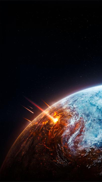 Animiertes Bild der Erdkugel vom All aus gesehen. Die Erdoberfläche wird links von brennenden Meteoriten getroffen, der obere Pol ist mit Eis bedeckt, daneben sind grüne Flächen, sowie ganz rechts mehrere kleinere helle Explosionen.