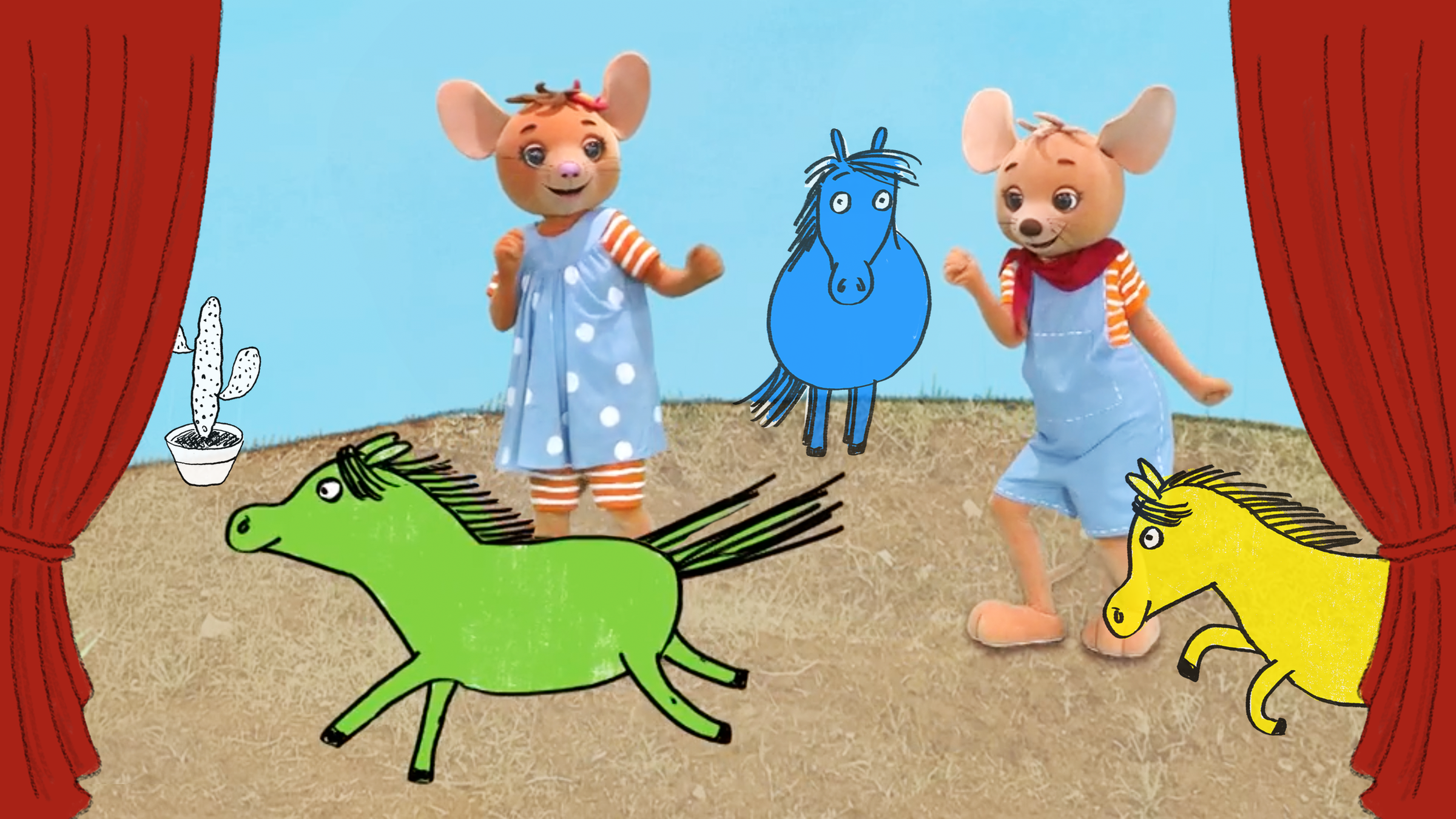 Naya (links) und Jo (rechts) tanzen auf der Bühne. Zwischen ihnen steht ein blaues, gezeichnes Pony. Vor ihnen laufen ein grünes und ein gelbes gezeichnetes Pony durchs Bild.