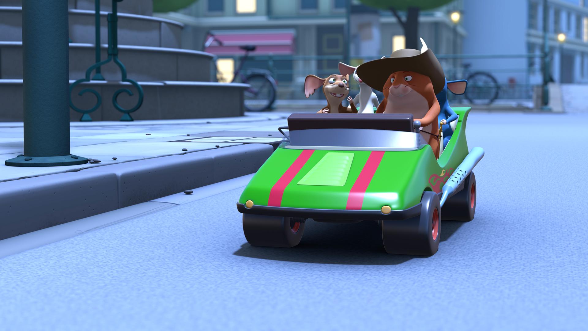 Die Muskeltiere sind stolze Besitzer eines elektrischen Spielzeugautos geworden.